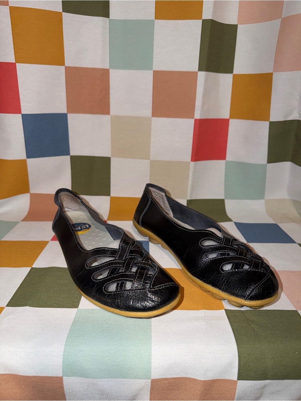 Lems Boulder Ballet Flats Black Leather Woven Cutout Barefoot Slip-On